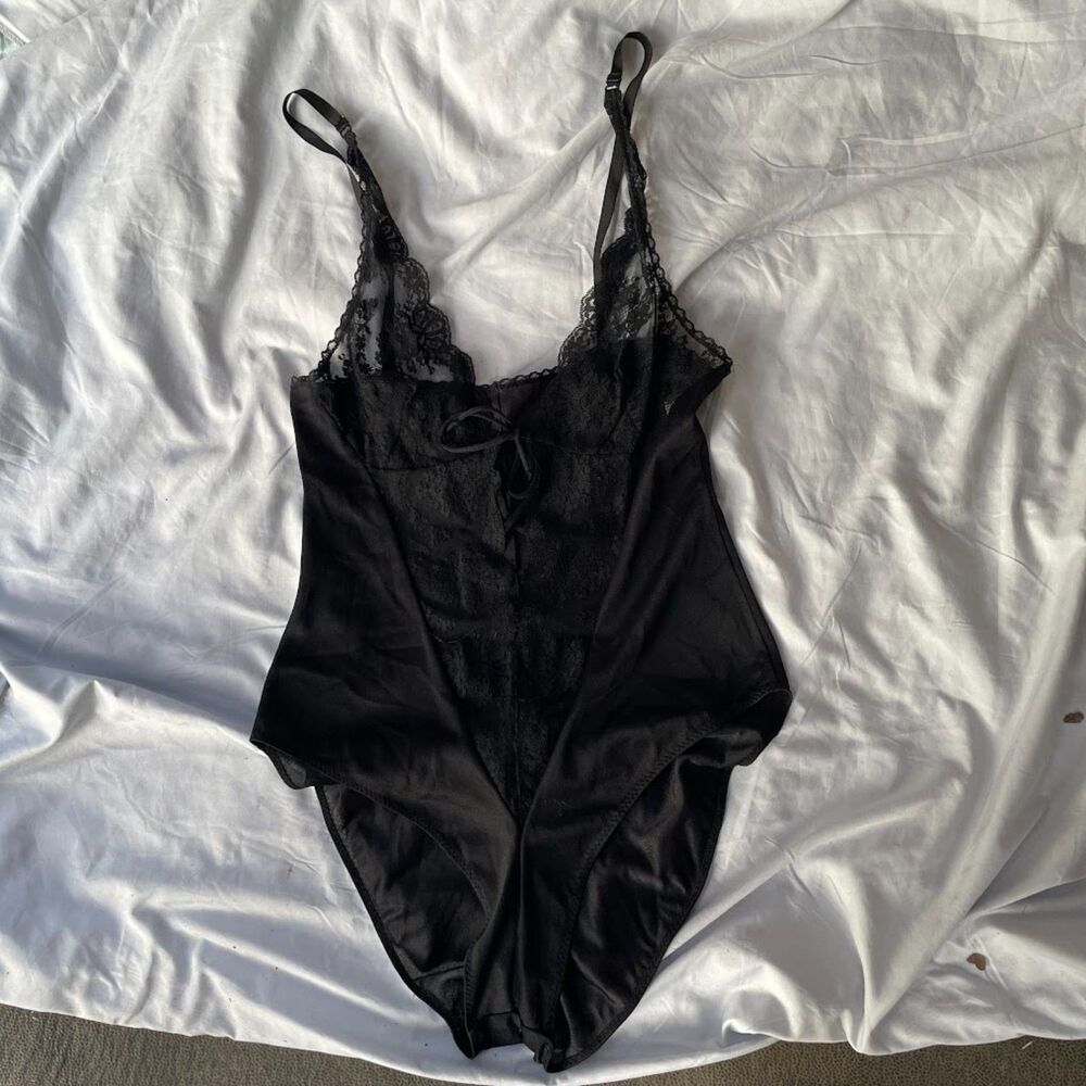 Vintage 60s FORMFIT Bodysuit Teddy Black LACE Laceup Front 32